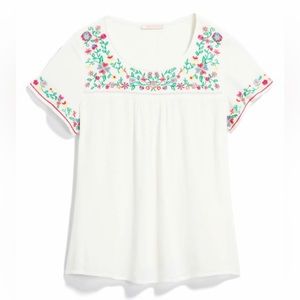Skies are blue • flower embroidered creme crepe top